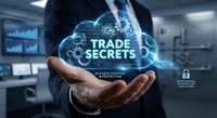 Businessman holding glowing digital cloud with trade secrets text and security icons in modern office environment for corporate data protection concepts.