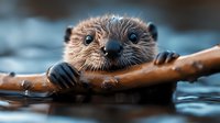 Adorable river otter swimming with wooden stick in blue water, showcasing curious expression and wet fur texture in natural habitat.