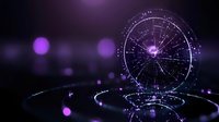 Futuristic holographic astrology wheel with glowing purple neon lights and cosmic energy particles floating in dark space for digital design projects.