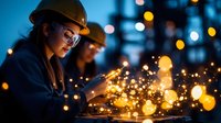 Asian female engineer in hard hat examining sparks from welding at night construction site with bokeh lights creating atmospheric industrial scene.