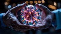 Glowing coronavirus cell model held in hands against dark background with bokeh lights, showing medical research and scientific visualization concept.