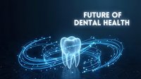 Futuristic dental technology concept with glowing tooth hologram and digital network connections on dark background for healthcare innovation presentations.
