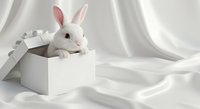 White rabbit peeking from gift box on silk fabric background, isolated for Easter, holiday greeting cards, children's illustrations, and festive design projects.