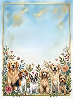 Watercolor frame with adorable dogs sitting among floral elements and paw prints on blue sky background for pet-themed designs and greeting cards.