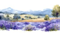 Watercolor landscape with blooming lavender fields in foreground and misty mountains in background, perfect for wall art, greeting cards and nature-themed designs.