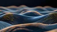 Flowing digital waves with glowing particles create abstract technology landscape in dark blue and gold tones, futuristic network visualization concept.