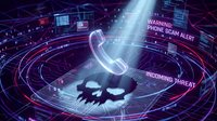 Young adult male of mixed ethnicity wearing business casual attire, surrounded by holographic digital interface elements displaying phone scam warnings and threat alerts in neon purple and blue lighting, representing cybersecurity risks and telecommunications fraud detection technology.