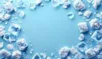 Scattered ice cubes and crushed ice forming frame border on light blue background with copy space in center. Fresh frozen composition for cooling drinks.