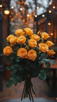 Vibrant orange roses bouquet with dark green leaves against blurred bokeh lights background creates romantic evening atmosphere for wedding and celebration designs.