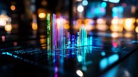 Glowing financial chart bars with colorful bokeh lights on dark background, digital data visualization concept for business analytics and market trends.
