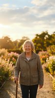 Happy senior Caucasian woman with walking stick enjoying golden hour stroll through blooming garden path surrounded by colorful flowers and warm sunset light.