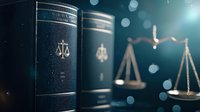 Law books with scales of justice symbol in dark moody lighting against blurred bokeh background, representing legal justice system and jurisprudence concepts.