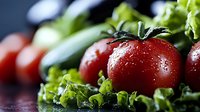 Fresh ripe red tomatoes with water drops on dark background with green lettuce leaves, macro food photography for restaurant menu and cooking blogs.