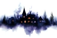 Mysterious gothic mansion silhouette with glowing windows reflected in misty water at twilight, surrounded by pine trees and foggy purple atmosphere.