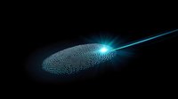 Glowing blue digital fingerprint scan with laser beam effect on black background, representing biometric security and identity verification technology.