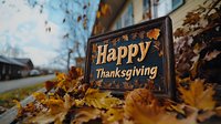 Rustic wooden sign with Happy Thanksgiving text surrounded by fallen autumn maple leaves on ground, seasonal outdoor holiday decoration in warm fall colors.