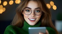 Young woman in green turtleneck sweater and glasses smiling while looking at mobile phone screen with golden bokeh lights in background. Cozy evening atmosphere.