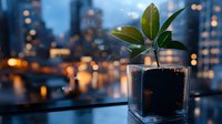 Young ficus plant growing in glass pot against blurred urban cityscape with bokeh lights at dusk, symbolizing urban gardening and sustainability.