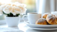 Morning coffee with fresh pastries and white roses on windowsill, creating cozy breakfast atmosphere with soft natural light.