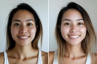 Young Asian woman with natural makeup and white tank top shown in before and after comparison photos displaying genuine smiles against neutral background.