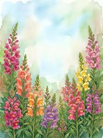 Colorful snapdragon flowers in pink, orange, yellow and purple painted in soft watercolor style with copy space on pastel sky background.
