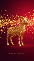 Ornate golden ram figurine with intricate filigree detailing stands against deep red background with golden bokeh lights, perfect for holiday greeting cards and festive celebrations.