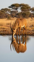 Impala antelope drinking water at sunset with reflection in African savanna landscape with acacia trees in golden hour light for wildlife photography.