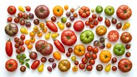 Fresh colorful tomatoes variety collection with heirloom cherry and plum types isolated on white background for healthy cooking and agriculture design.