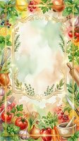 Watercolor cooking frame with fresh vegetables, herbs, and ornate gold border on soft pastel background. Isolated design ready for recipe cards, menus, kitchen decor, and culinary branding projects.