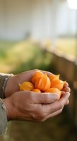 Farmer holding fresh orange cape gooseberries in cupped hands outdoors with blurred green field background, showcasing organic harvest and agricultural produce.