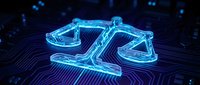 Glowing blue digital scales of justice symbol on futuristic circuit board background representing legal technology and cyber law enforcement concepts.