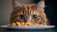 Orange tabby kitten with bright blue eyes peeking over white plate edge with scattered kibble food on dark background creating adorable mealtime moment.