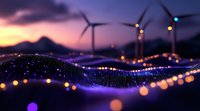 Digital wave visualization with wind turbines silhouettes against purple sunset sky, glowing particles and bokeh lights creating futuristic landscape for renewable energy concept.