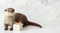 Cute otter with small gift box on white marble background, perfect for holiday greeting cards, pet-themed designs and festive marketing materials.