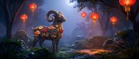 Ornate mechanical ram with intricate gears stands in mystical forest illuminated by glowing red lanterns creating magical atmosphere for fantasy designs.