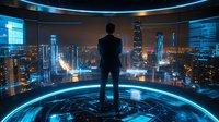 Businessman in dark suit standing on futuristic observation platform overlooking illuminated night cityscape with glowing blue holographic elements and skyscrapers.