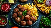 Delicious homemade meatballs served with golden french fries and fresh herbs on rustic wooden table with various colorful sauces and condiments for family dinner.