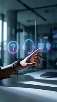 Hand reaching for floating digital customer service icons including question mark, headphones, chat and shield symbols in modern office environment.