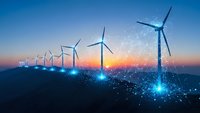 Wind turbines with digital network connections at sunset showcasing renewable energy technology and smart grid infrastructure for sustainable power generation.