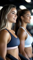 Two young women in sports bras smiling during fitness workout at gym. Active lifestyle, exercise motivation and healthy living concept for wellness programs.