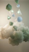 Abstract geometric shapes floating above colorful smoke clouds in soft green and blue tones for modern design projects and creative backgrounds.