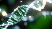 Glowing DNA helix with water droplets and bokeh lights on dark green background, suitable for science, biotechnology, genetics research, and medical education materials.
