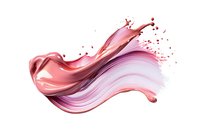 Dynamic splash of pink and coral liquid paint creating flowing wave shapes with delicate droplets against white background, isolated design element.