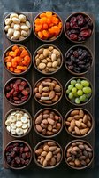Assorted dried fruits, nuts and fresh grapes in wooden bowls arranged on dark wooden board. Healthy snacks and ingredients for cooking or baking.