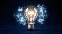 Glowing light bulb surrounded by medical icons, DNA helix, gears, and pills on dark blue background, symbolizing healthcare innovation.