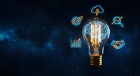 Digital innovation lightbulb with glowing business icons on dark blue space background representing creative technology solutions and entrepreneurship.