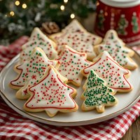 Festive sugar cookies shaped like Christmas trees decorated with white royal icing and red and green sprinkles on white plate with gingham napkin and holiday decor.