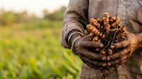 Farmer holding freshly harvested tubers in soil-covered hands over agricultural field, representing organic farming, crop production, and sustainable agriculture practices.