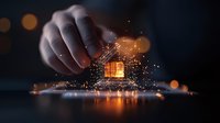 Digital transformation concept with glowing particles forming house shape above business person hand, orange light effect on dark background.