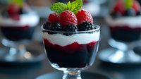 Layered berry parfait with fresh strawberries, blackberries and cream in glass cup garnished with mint leaf for dessert menu and food photography.